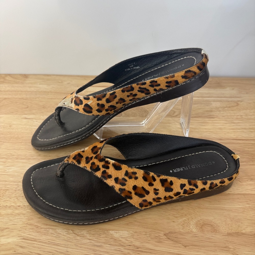 Donald J Pliner Gelo 2 Sandals Womens 9.5M Leopard Calf Hair Thong Slides Brown